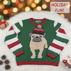 Ugly Christmas Sweater 3D Pug Dog Men's Size L Unisex Festive Holiday Party Knit